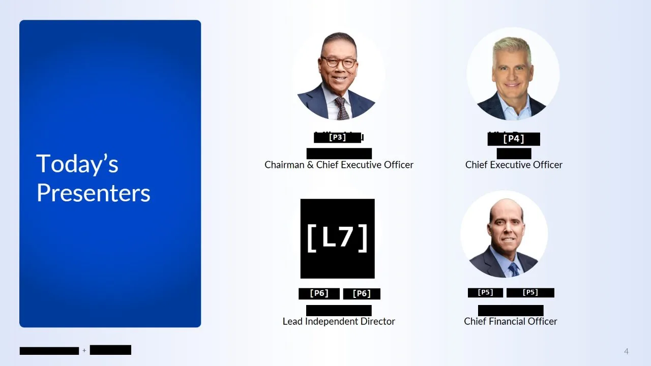 A presenters slide before and after: one headshot is replaced with a labelled black box and every name beneath the photographs is covered.