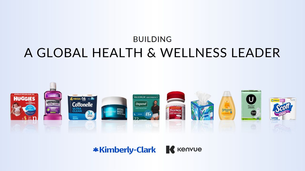 The title slide: a row of consumer product packs under the words BUILDING A GLOBAL HEALTH & WELLNESS LEADER, with both company logos beneath them.